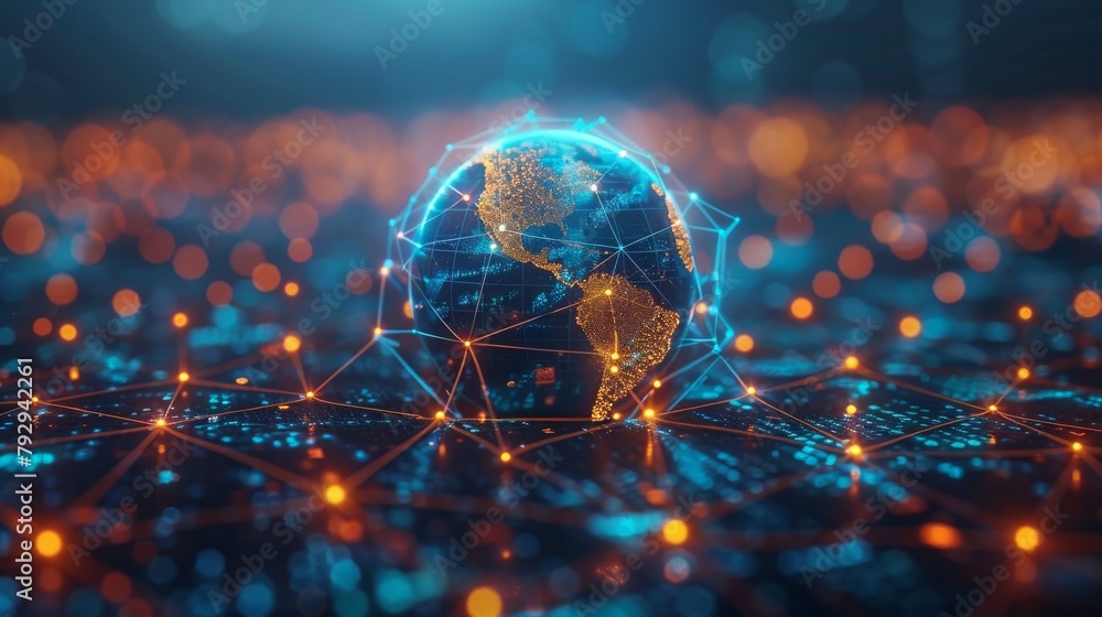 Poster an illustration of satellite communication technology is depicted on a globe with dots