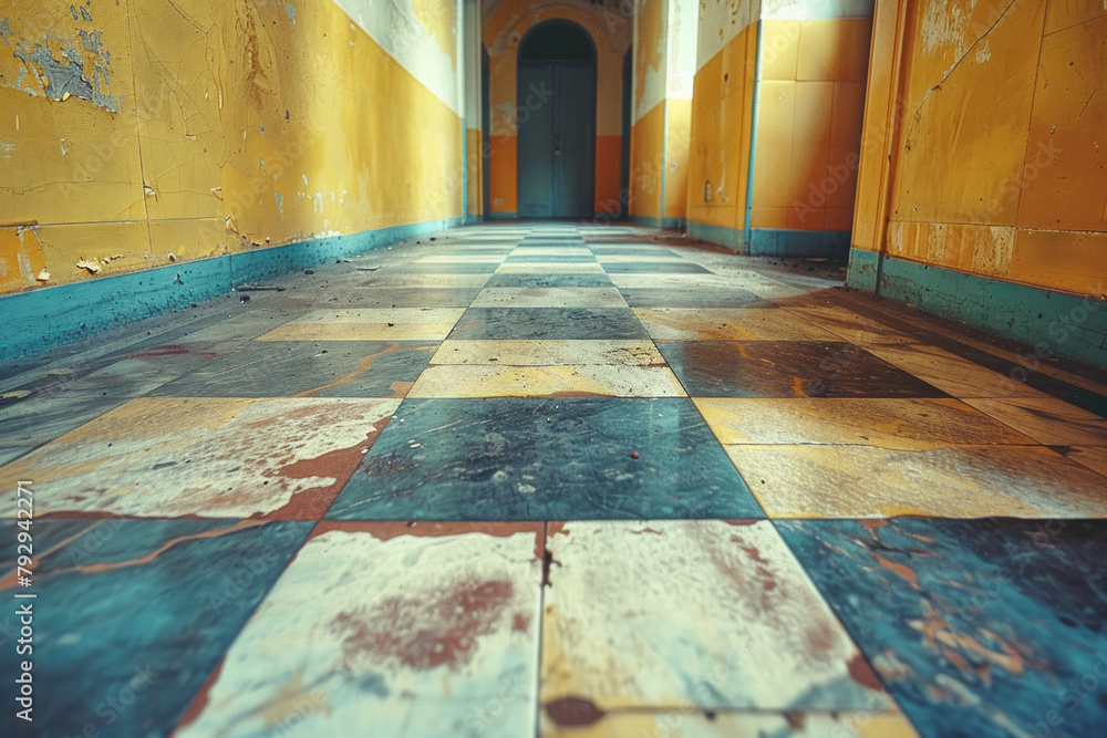 Poster an image of a simple hallway where the floor tiles are painted in a perspective grid that stretches