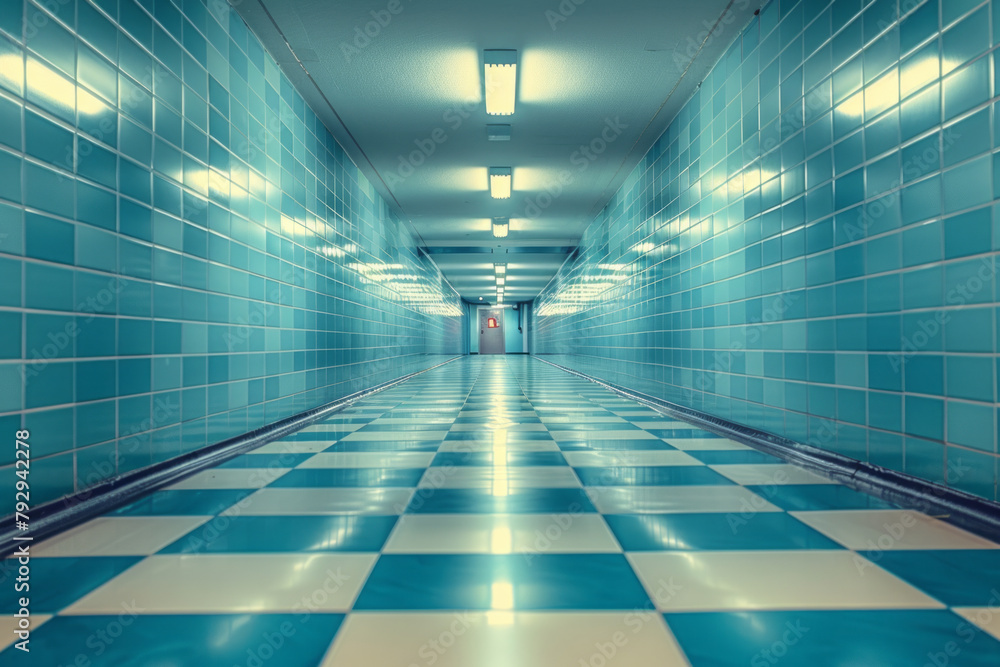 Poster an image of a simple hallway where the floor tiles are painted in a perspective grid that stretches