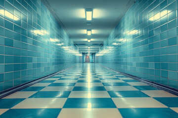 An image of a simple hallway where the floor tiles are painted in a perspective grid that stretches