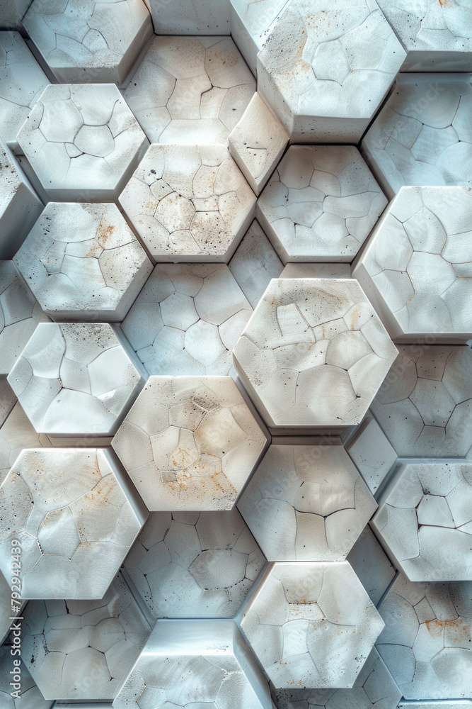 Poster a photograph of a wall art installation using interlocking hexagons that appear to move in and out d