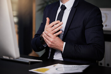 Hands, business man or wrist pain in office with discomfort, inflammation or carpal tunnel injury....