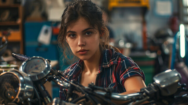 woman repairing motorbike in garage