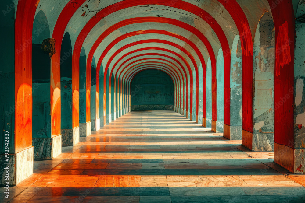 Poster a scene depicting a corridor in a building painted with vertical stripes that narrow towards the end