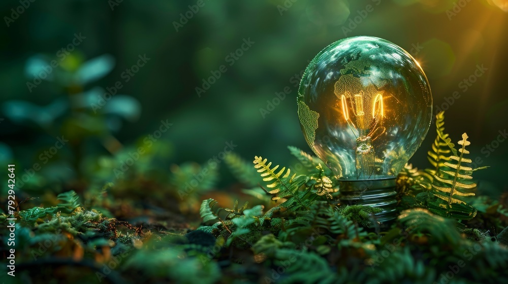 Poster the concept of green energy or ecology is presented in the form of a realistic light bulb with a glo