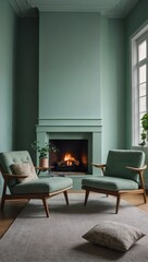 Minimalist lounge space with a modern fireplace, cozy armchair, and walls painted in a calming pastel green shade.