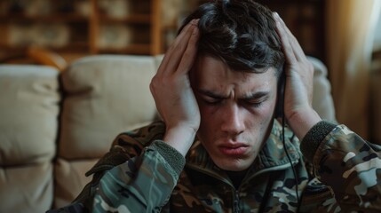Combat veteran with stress, headache, or PTSD recalls discomfort and anxiety on the floor. Army or veteran with melancholy or anxiety at home sadness, frustration, and mental health - obrazy, fototapety, plakaty