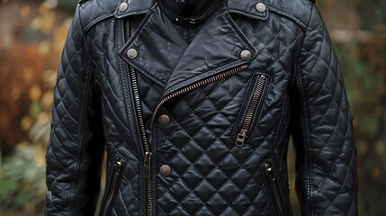 A black leather biker jacket with silver hardware and quilted detailing, adding a touch of edge to any outfit