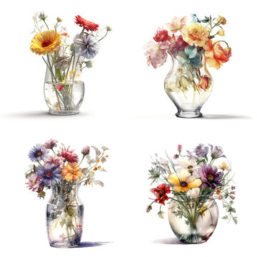 watercolor flowers in glass vases clipart collection wild floral decorations isolated on white