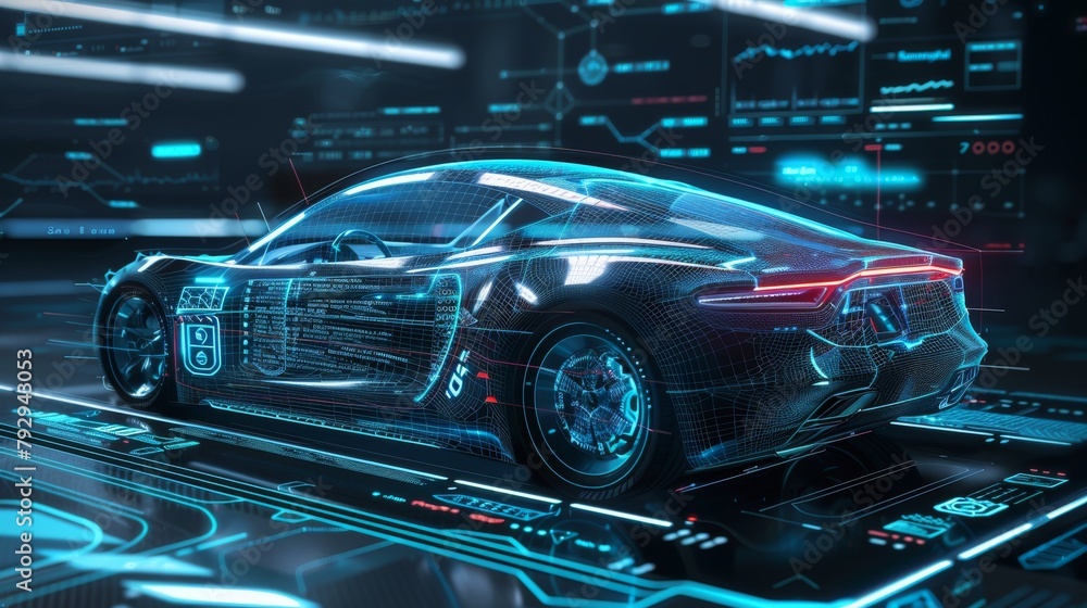 Poster Designed with hologram car style in HUD user interface GUI. Hardware diagnostics of car condition, scanning. Cars infographic interface, analysis and diagnostics with futuristic style.