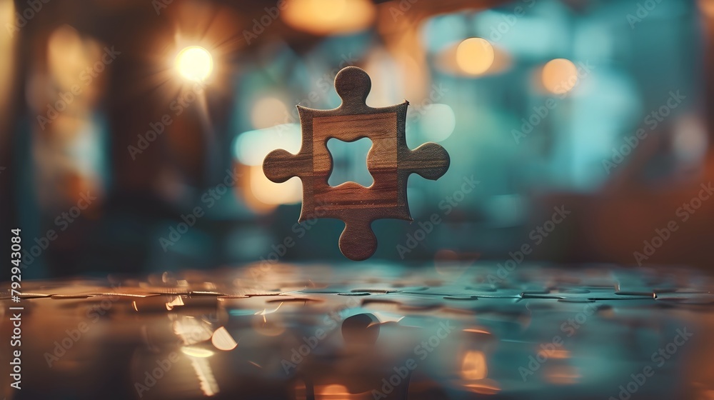 Poster decision-making precision: a macro puzzle piece hovering over its fitting space