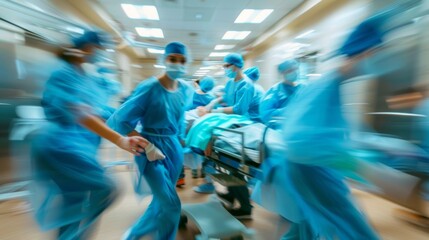 Emergency surgery, healthcare wellness, or risk condition operation blurs women, man, and hospital bed. Doctors, nurses, and medical staff with patients in bustling ER, theater, or teamwork