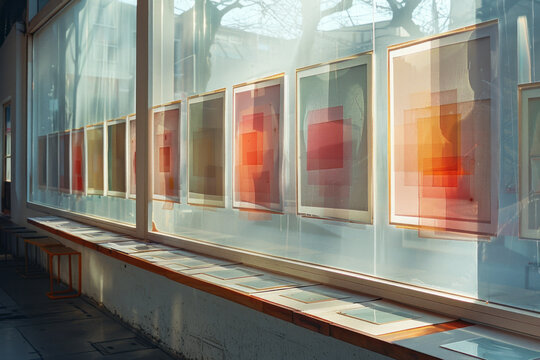 An image of a wall decorated with a sequence of framed prints, each featuring a different basic geom