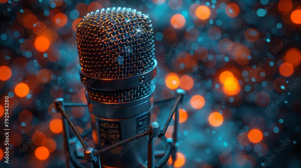Poster Concept of podcasting technology, graphic of microphone and digital device