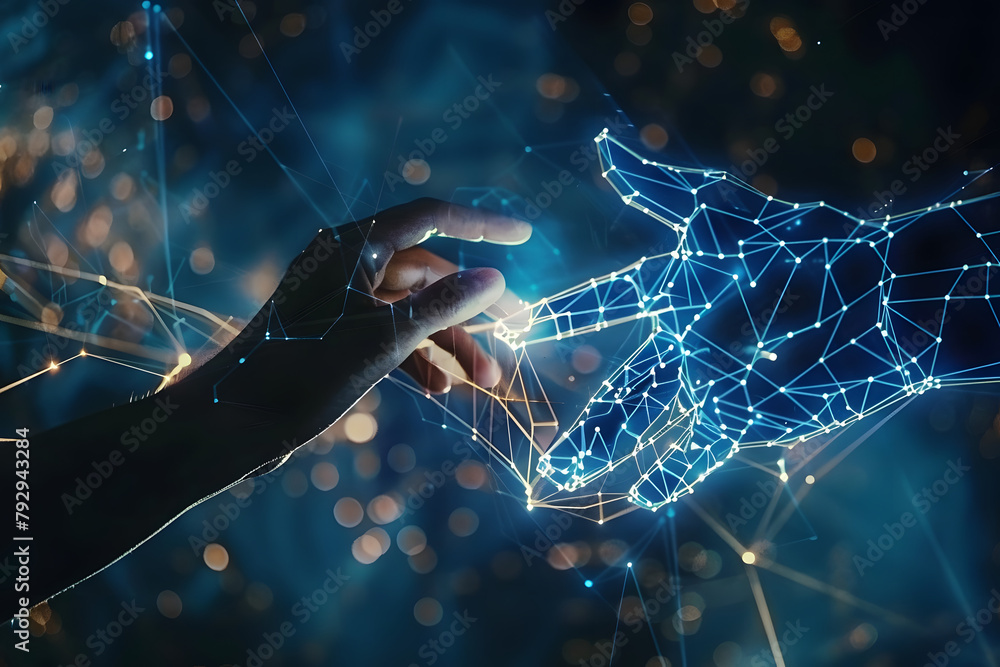 Poster ai, machine learning, hands of robot and human touching on big data network connection background, s
