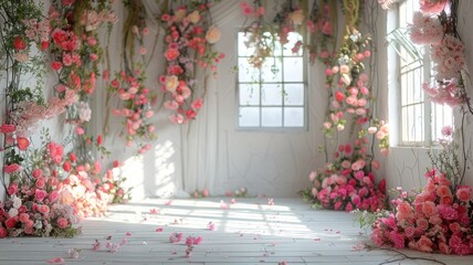 Fototapeta na wymiar The wedding background and room for studio photos are filled with beautiful flower decorations