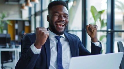 Black businessman, winner, professional achievement, laptop, new contract, objective goal, kpi. Businessman celebrates office victories and company ambitions. - obrazy, fototapety, plakaty