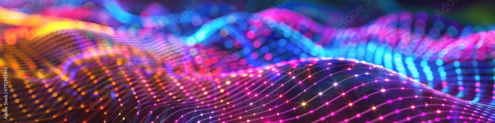 Poster dynamic waves of digital neon light create a vibrant, futuristic pattern