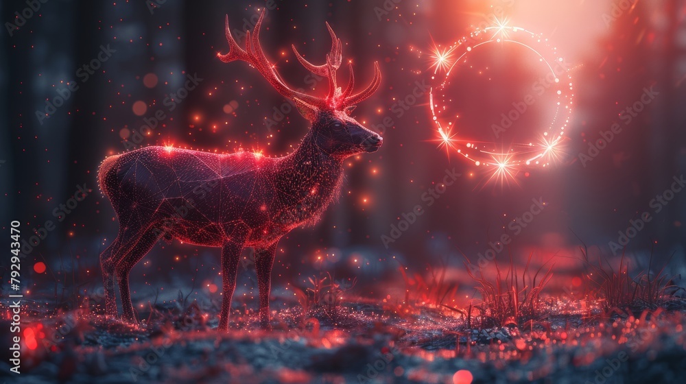 Poster a low poly deer with a circle and star symbol at the background in a futuristic style
