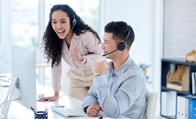Celebrate, man or woman with headset in office for career, positive review or happy call agents....