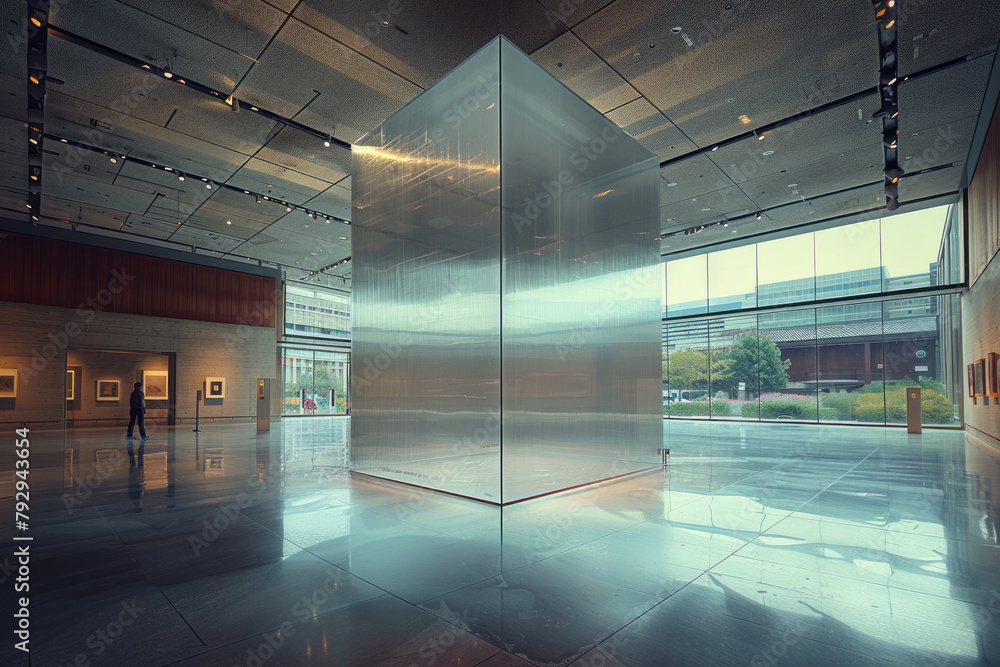Poster an image of a gallery display where a single oversized rectangle is suspended from the ceiling, divi