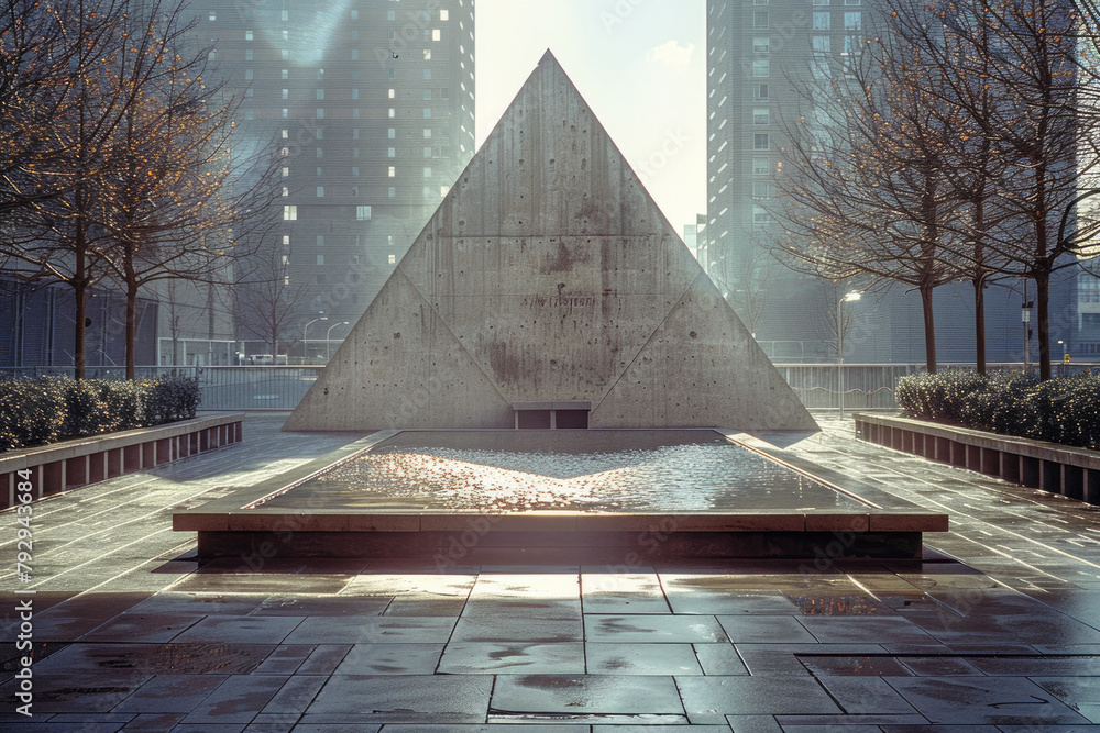 Poster a scene showing a large, open public space with a solitary triangular sculpture that casts a sharp s