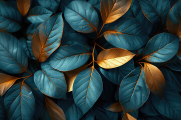 A top view of blue and golden leaves against a dark green background. Created with Ai
