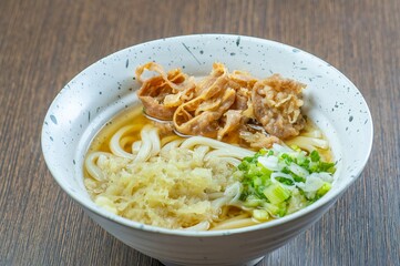 A bowl of udon noodles with tempura and green onions.