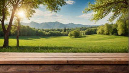 Empty wooden table top with beautiful spring green meadow background. for display or montage your products. digital ai