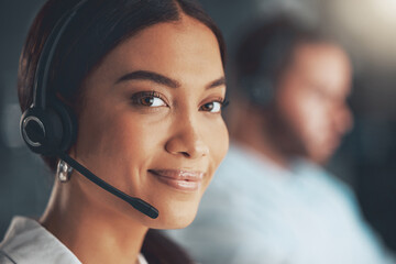 Call center, portrait and smile with woman in telemarketing office for assistance, help or sales....