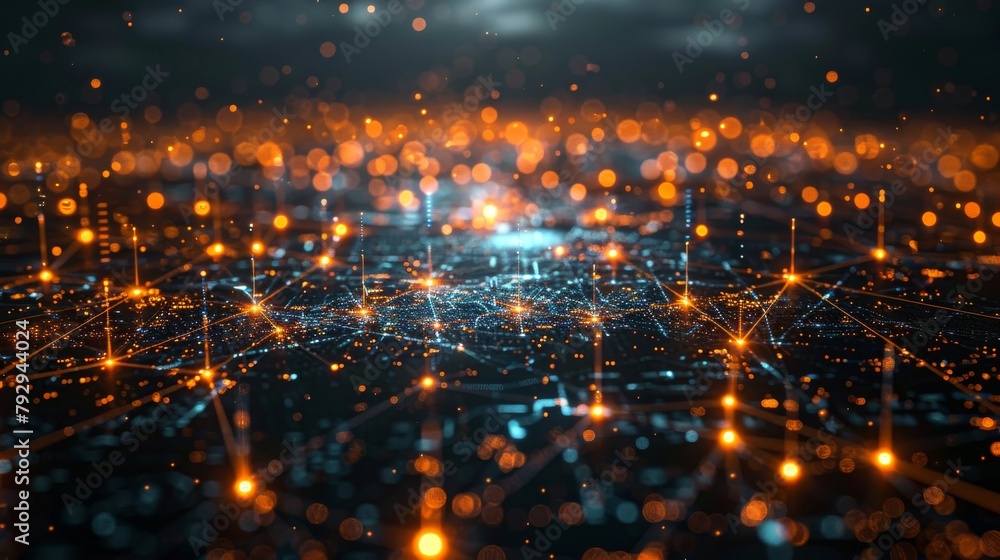 Poster Graphic of global technology with futuristic digital icons representing a global network or IoT