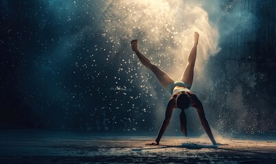 Female gymnast on dark background of studio with backlight. Acrobatic girl performing handstand. - Powered by Adobe
