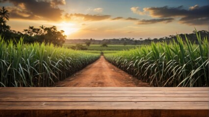 Empty wooden table top with blur background of sugarcane plantation. for display or montage your products. digital ai