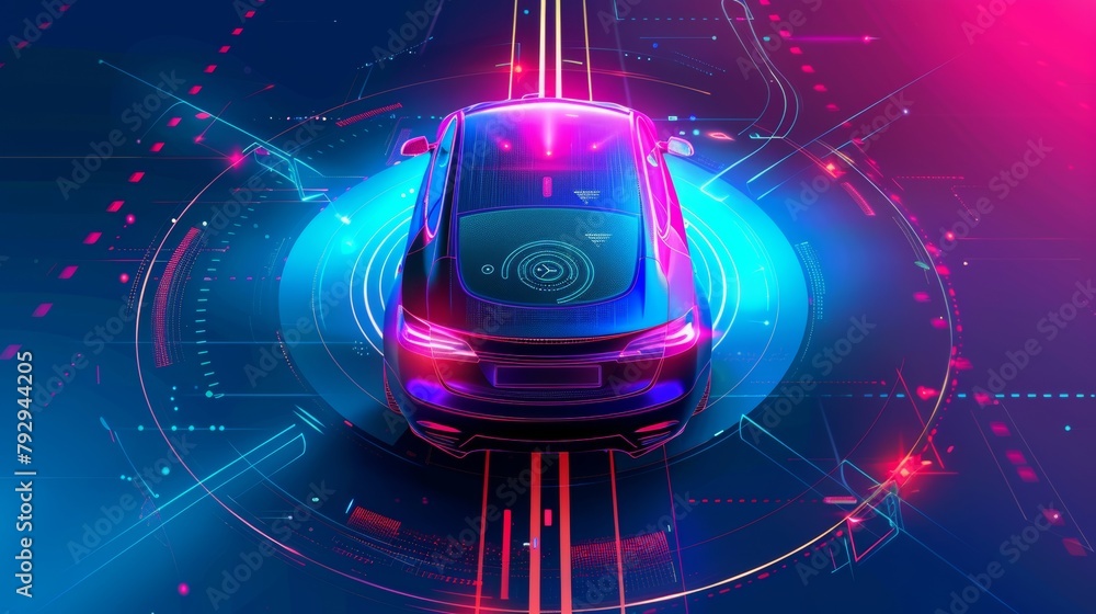 Aufkleber a smart car scans the road. a self-driving car on city roads with a graphic sensor system and radar 