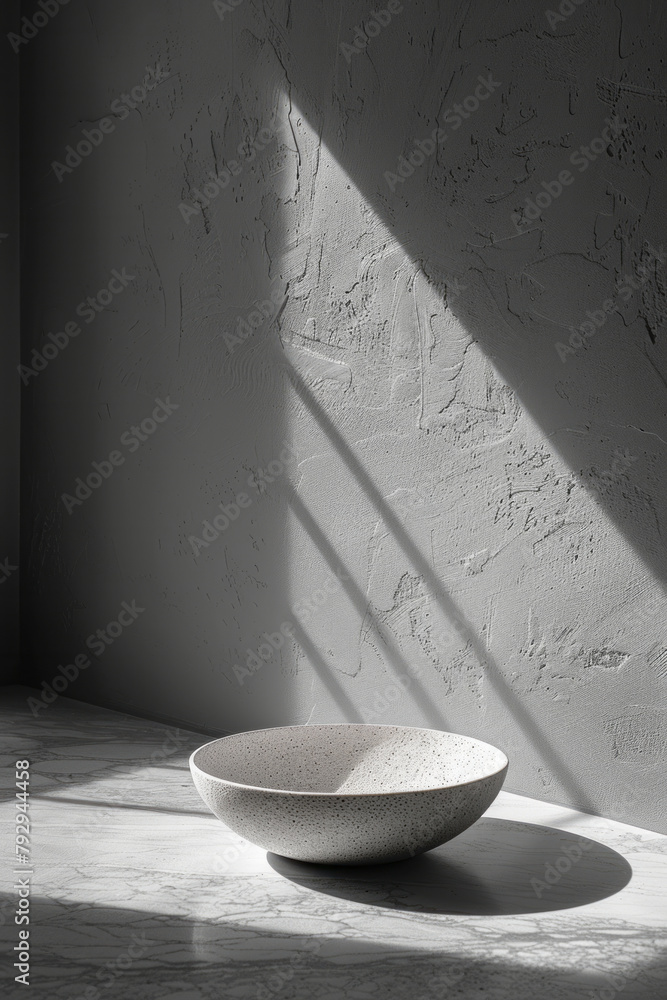 Poster a scene showing a simplistic geometric light fixture, casting a soft, angular shadow on a smooth cei