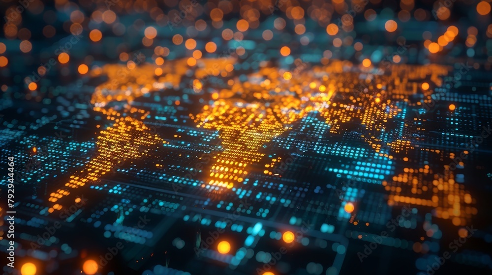 Poster The shape of the world map combined with binary code represents the concept of digital technology or data transformation