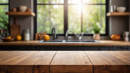 Empty wooden table top with blurred kitchen window background. for display or montage your products. digital ai