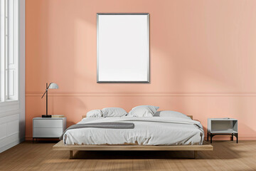 A serene, Scandinavian-style bedroom with a soft peach wall and a matte silver frame mockup poster. 