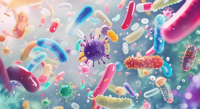 bacteria and viruses in various forms. Concept of science, medical microbiology