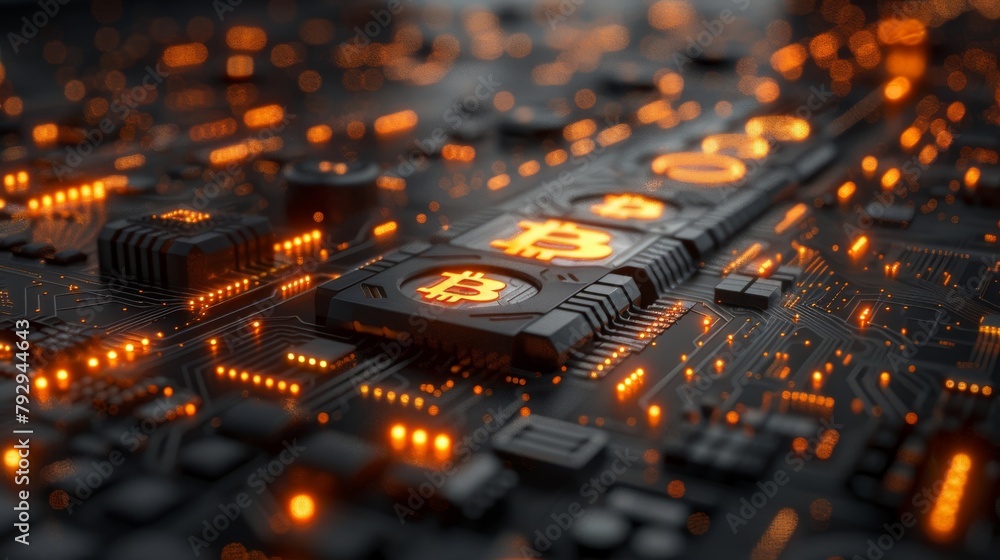 Poster Bitcoin symbol with futuristic element based on cryptocurrency technology