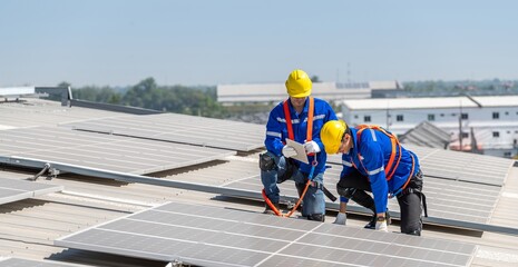 Two solar panel technicians in hard hats and safety gear install solar panels on a commercial...