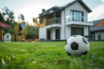 football lying on grass in fornt of new Home - real estate concept - Powered by Adobe