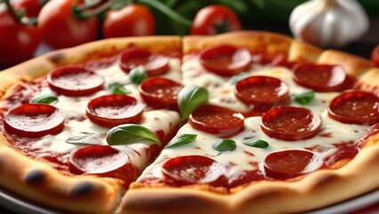 Close up shot of delicious pepperoni pizza with mozzarella cheese straight out of the oven. Tasty Italian pizza - food and drink 4k footage