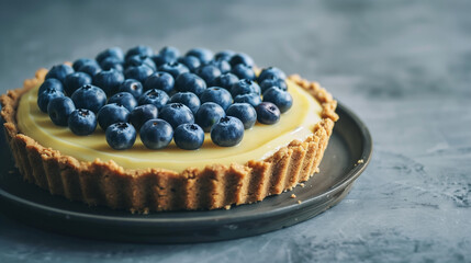 Elevate your dessert experience with a tantalizing graham cracker crust, generously filled with smooth and tangy lemon curd, and crowned with a vibrant layer of fresh blueberries. 