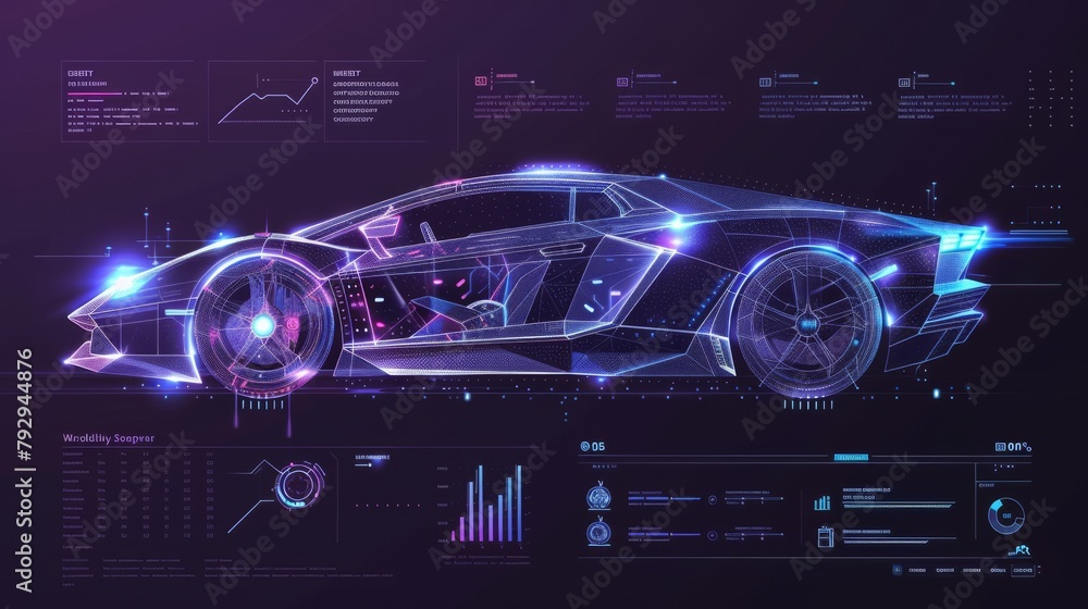 Leinwandbilder Animated hologram car. Wireframe in line with low poly animation. Car service in the style of a HUD, Cars infographic UI, analysis and diagnostics in the style of the HUD, UI, GUI, futuristic