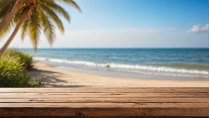 Fototapeta premium Empty wooden table top with sea beach with hot sand and sunny bokeh. for display or montage your products. digital ai