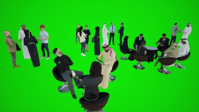 3D animation of negotiations between Europeans and Arabs sitting around the table and talking in the villa next to the beaches of Dubai on a green screen with chroma key Isolated group of people on gr