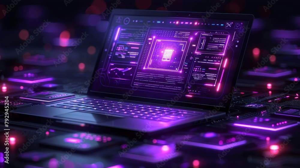 Poster In this concept, a laptop with an isometric interface element is used to develop web applications