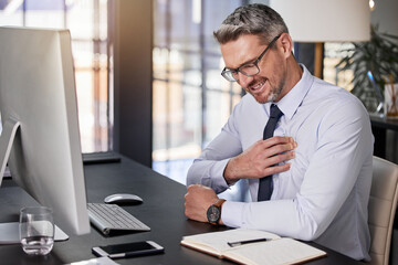 Fototapeta premium Corporate, mature man and office with chest pain for anxiety and business concern. Project manager, boss and cardiac ache or heart attack with tension or pressure with company or career growth