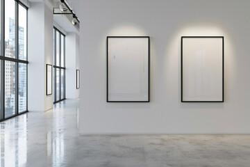 A sleek white art gallery interior featuring an expansive light grey wall adorned with empty matte black frame mock-up posters, illuminated by soft,  - obrazy, fototapety, plakaty